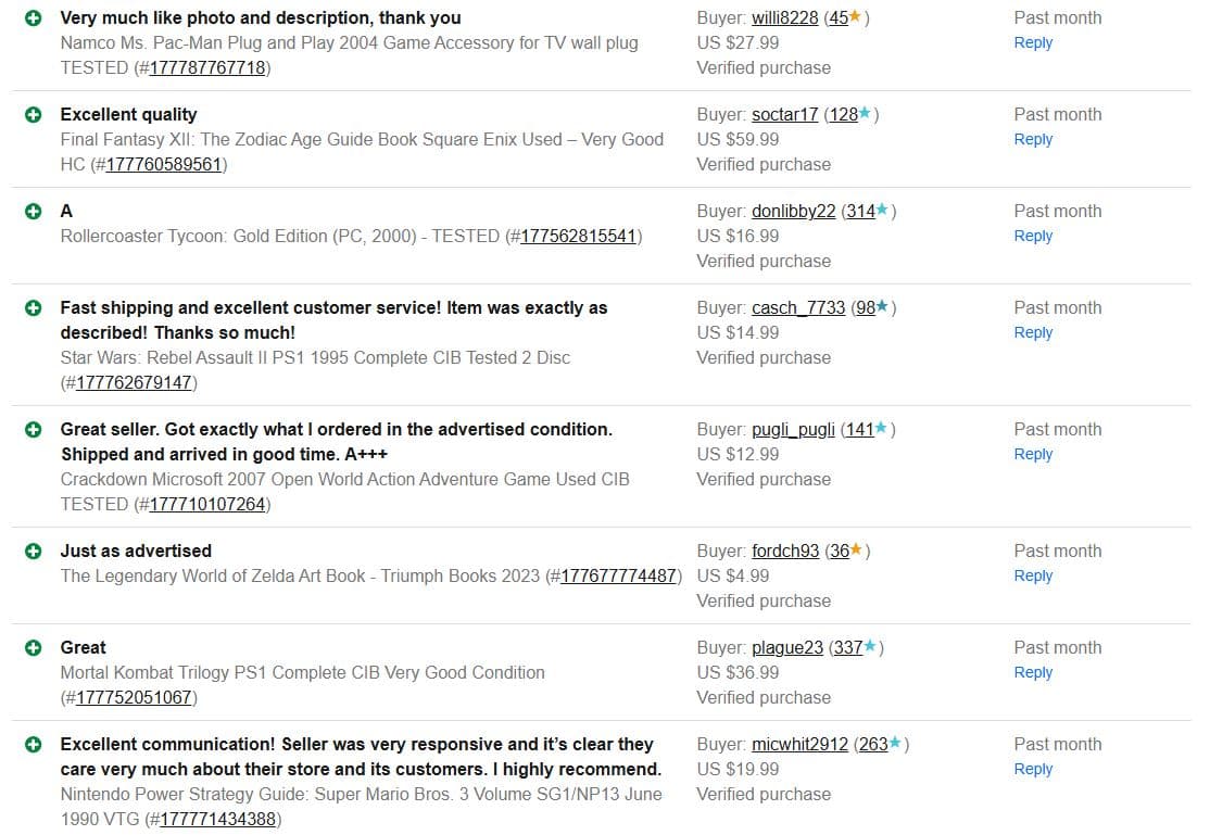 Recent customer feedback showing positive reviews